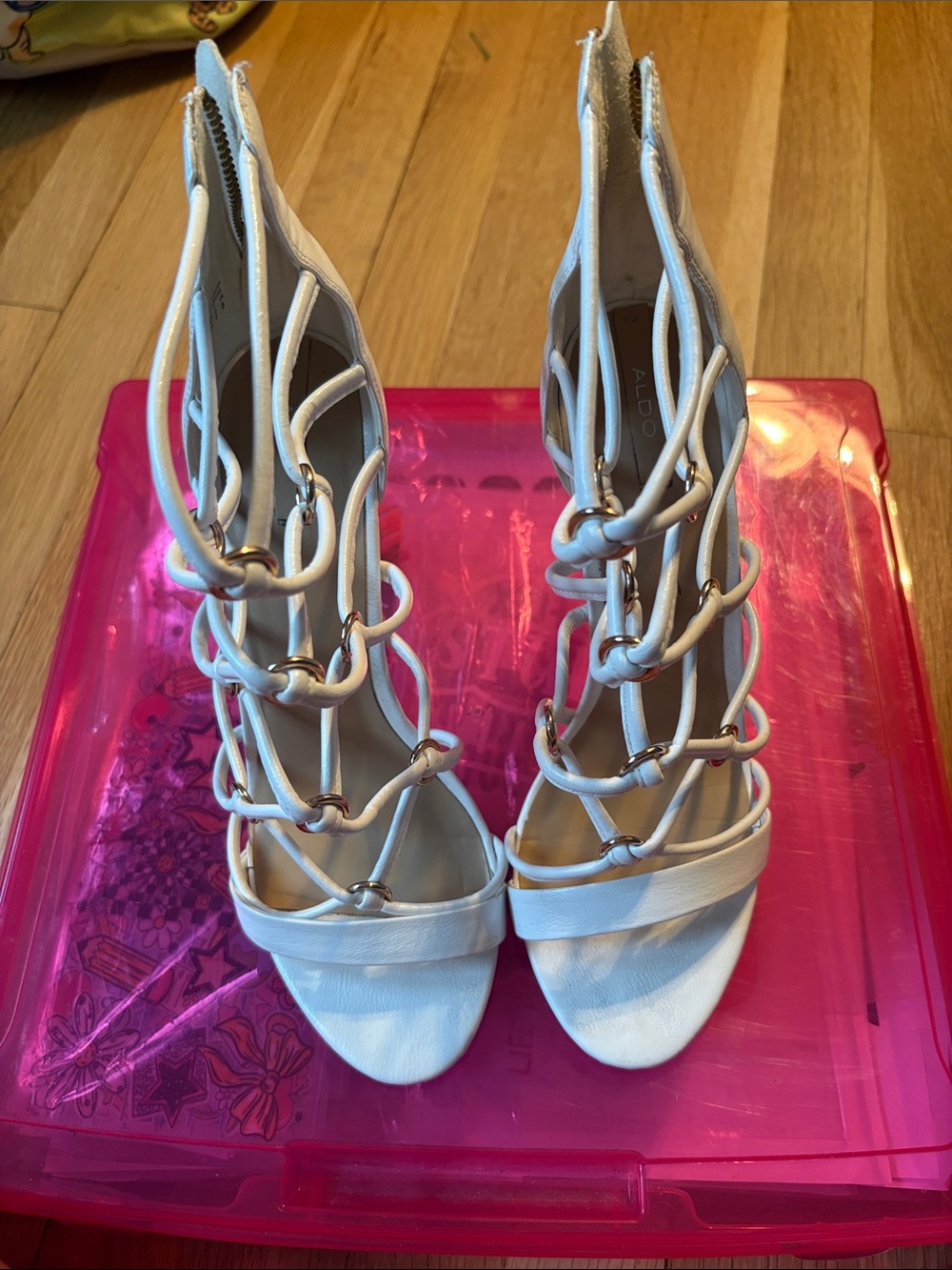 ALDO White Strappy Gladiator High Heel Sandals with Gold Accents